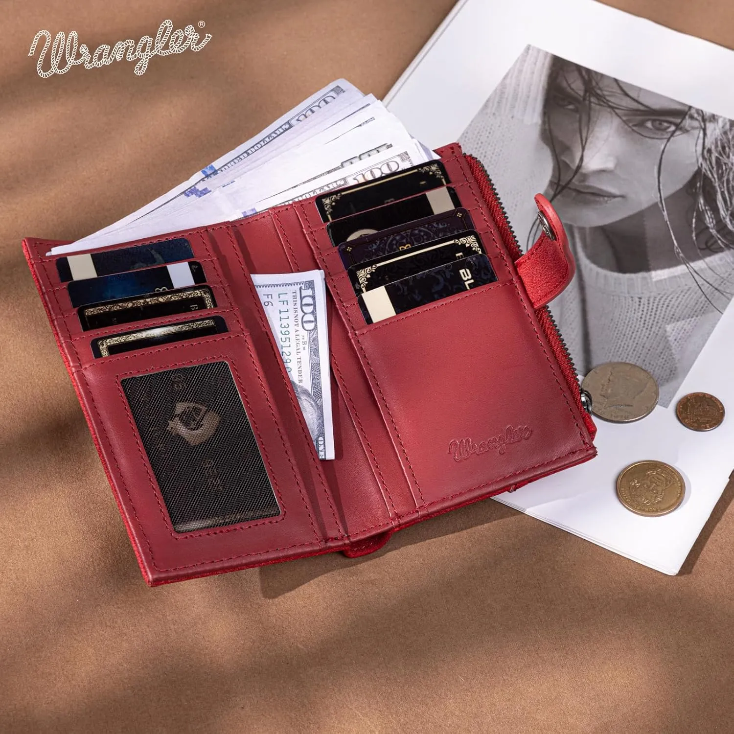 × Wrangler Small Wallet for Women Designer Bifold Wallet Women'S Wallets, Card Cases & Money Organizers, Burgundy