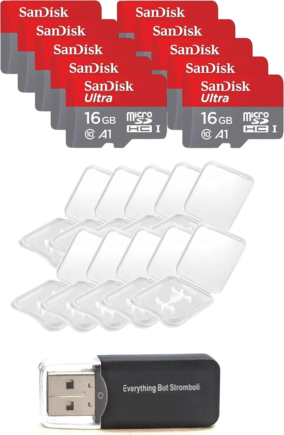 10 Pack - SanDisk Ultra 16GB Micro SD SDHC Memory Flash Card UHS-I Class 10 SDSQUAR-016G-GN6MN Wholesale Lot with 10 Plastic Jewel Cases and (1) Everything But Stromboli (TM) Card Reader