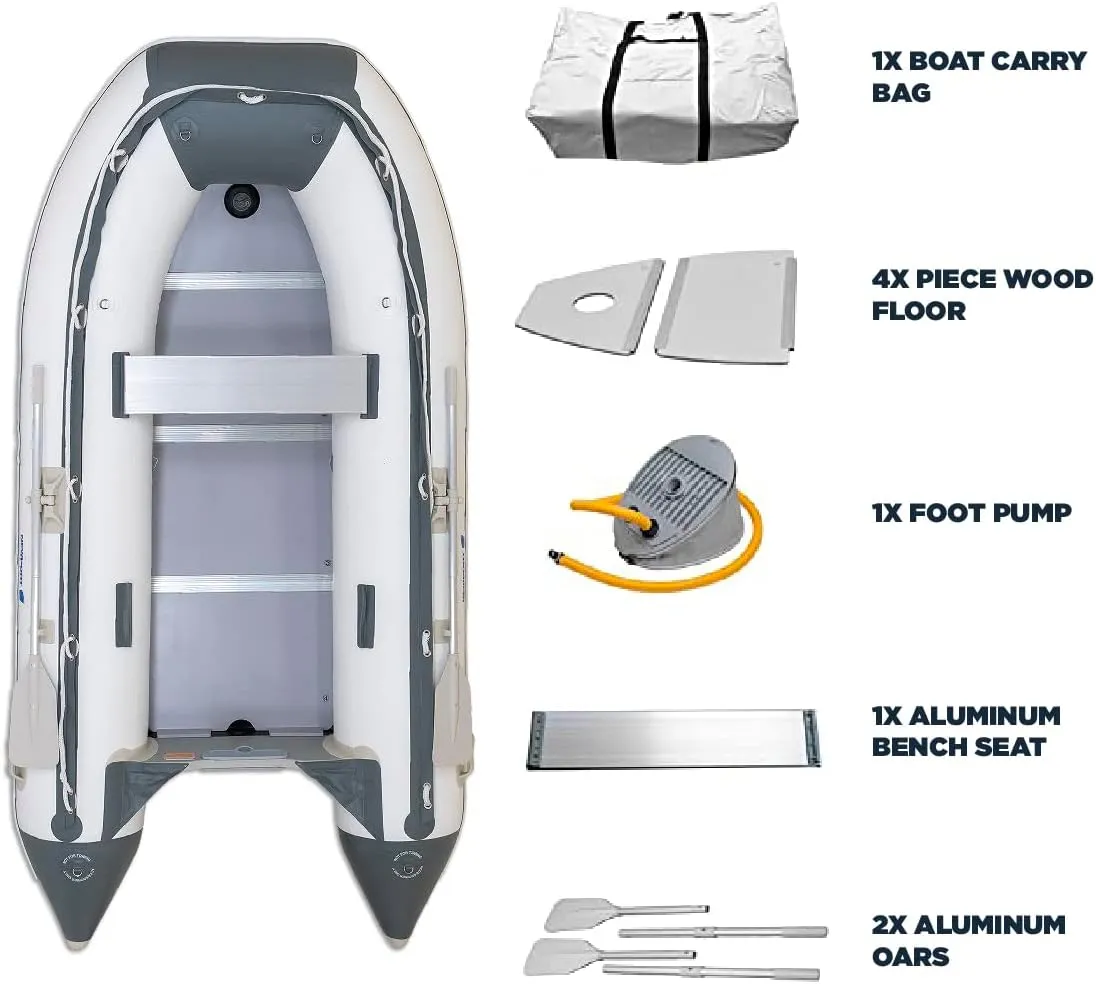 10ft 6in Newport Model Inflatable Dinghy Boat Transom Sport Tender - 5 Person - 15HP USCG Rated, White/Gray