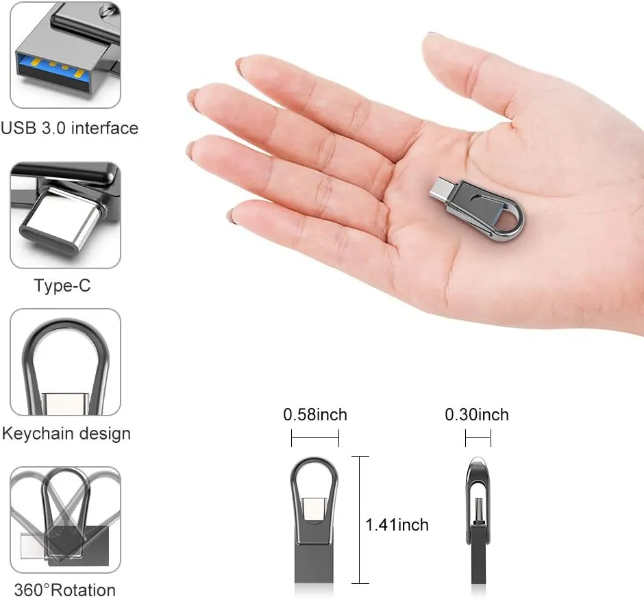 128GB USB C Flash Drive, 2-in-1 USB 3.0 Thumb Drive, Dual USB Memory Stick Pen Drive for Type-C Android Smartphones Tablets and New MacBook, Black