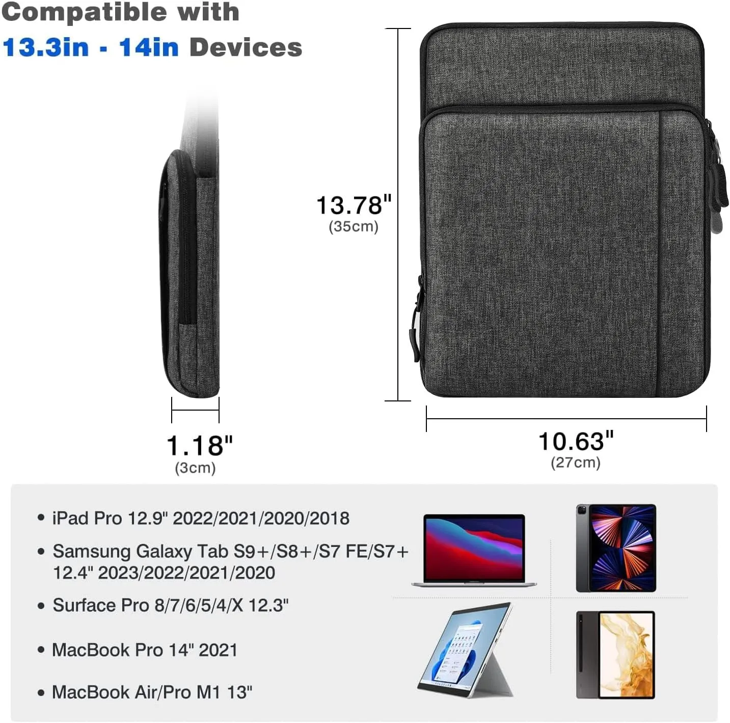 13-13.3 Inch Tablet Sleeve Case Shoulder Bag for iPad Pro 13", iPad Air 13", iPad Pro 12.9", Galaxy Tab S10  Plus