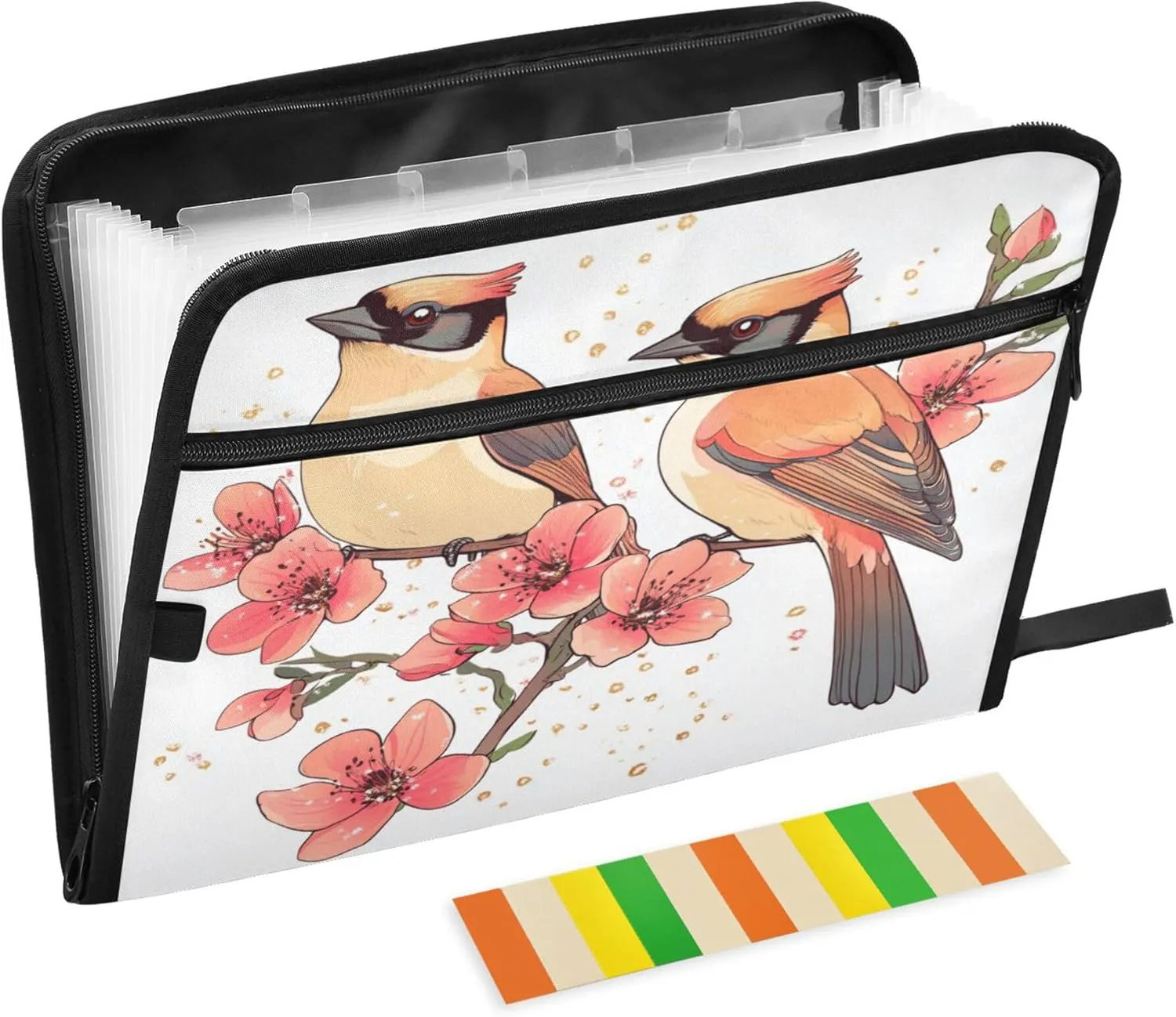 13 Pocket Accordian File Folders with Labels Letter/A4 Size Paper Accordion Document Organizer with Zipper Classroom Home Office Travel Cute Cedar Waxwing Birds White