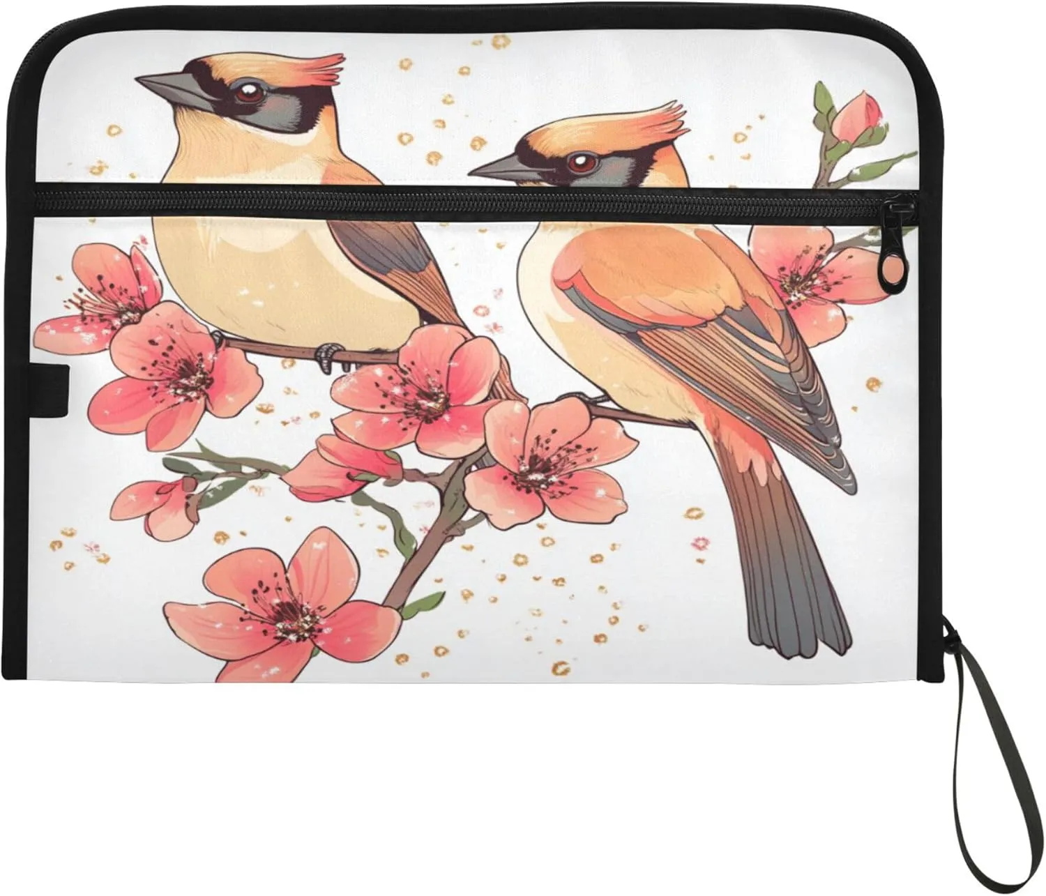 13 Pocket Accordian File Folders with Labels Letter/A4 Size Paper Accordion Document Organizer with Zipper Classroom Home Office Travel Cute Cedar Waxwing Birds White
