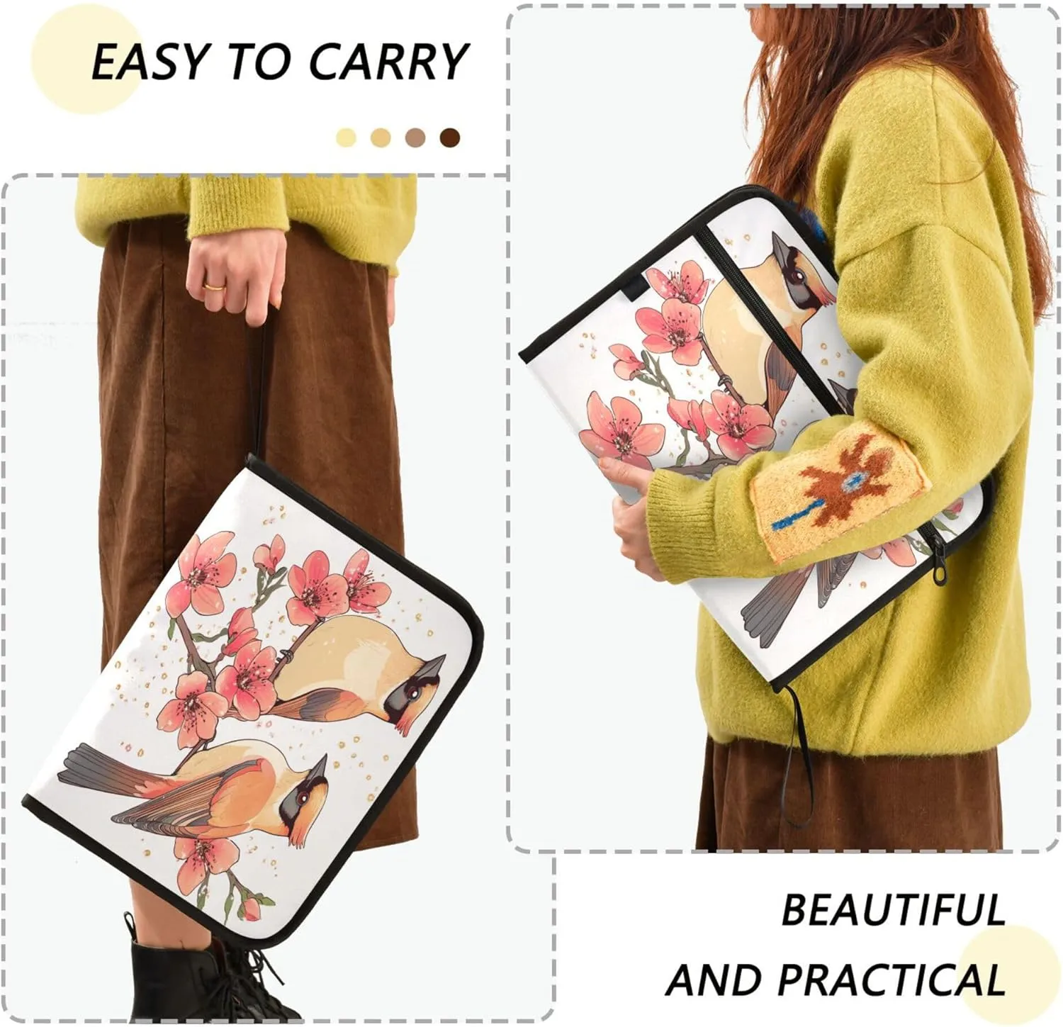 13 Pocket Accordian File Folders with Labels Letter/A4 Size Paper Accordion Document Organizer with Zipper Classroom Home Office Travel Cute Cedar Waxwing Birds White