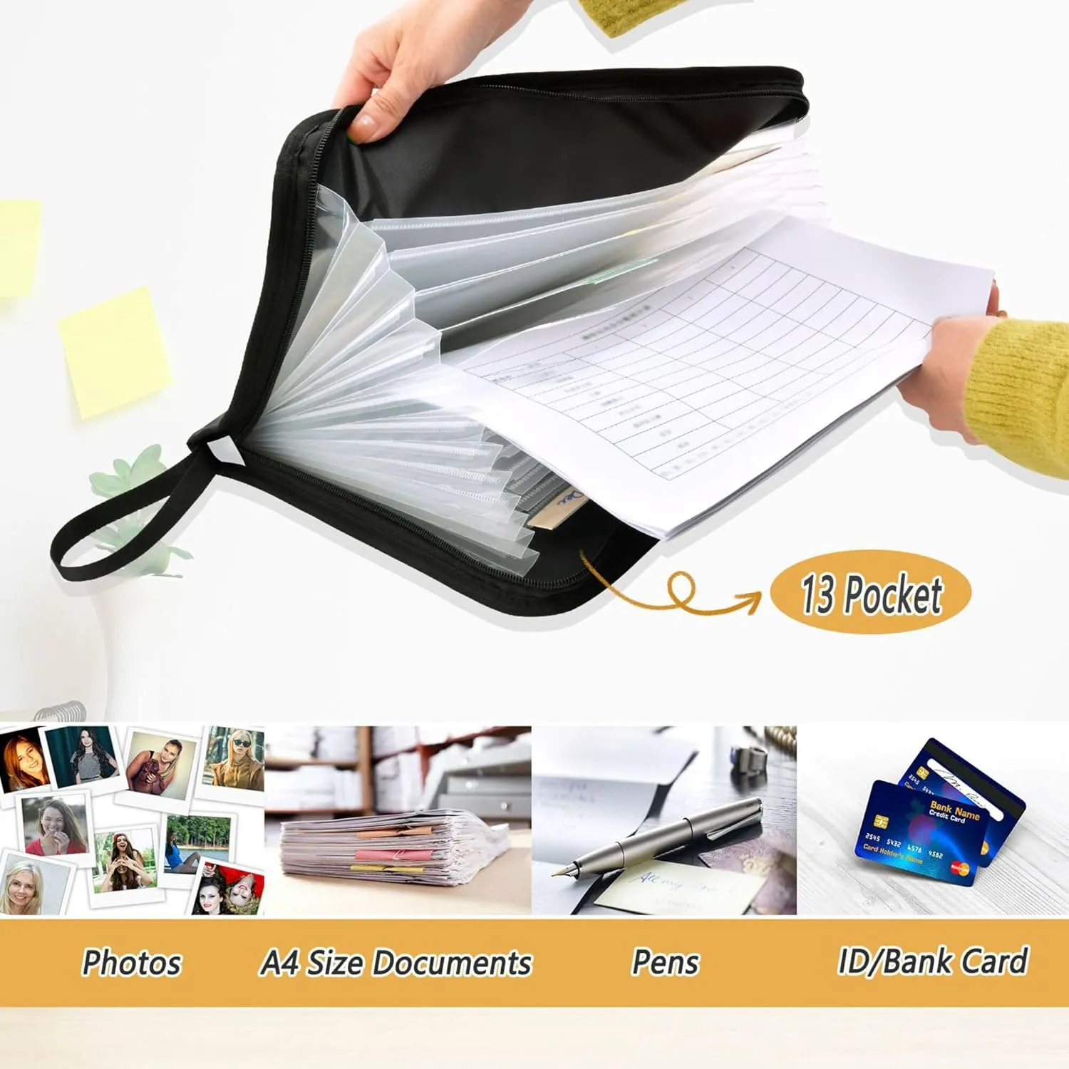 13 Pocket Accordian File Folders with Labels Letter/A4 Size Paper Accordion Document Organizer with Zipper Classroom Home Office Travel Cute Cedar Waxwing Birds White