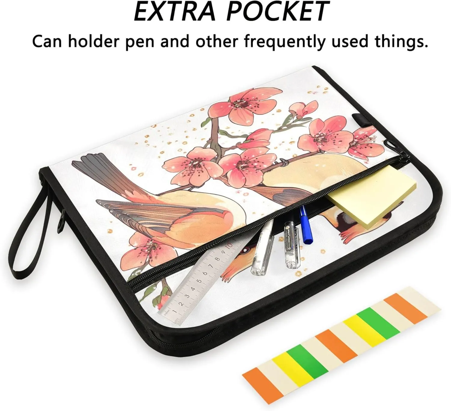 13 Pocket Accordian File Folders with Labels Letter/A4 Size Paper Accordion Document Organizer with Zipper Classroom Home Office Travel Cute Cedar Waxwing Birds White