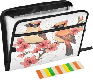 13 Pocket Accordian File Folders with Labels Letter/A4 Size Paper Accordion Document Organizer with Zipper Classroom Home Office Travel Cute Cedar Waxwing Birds White