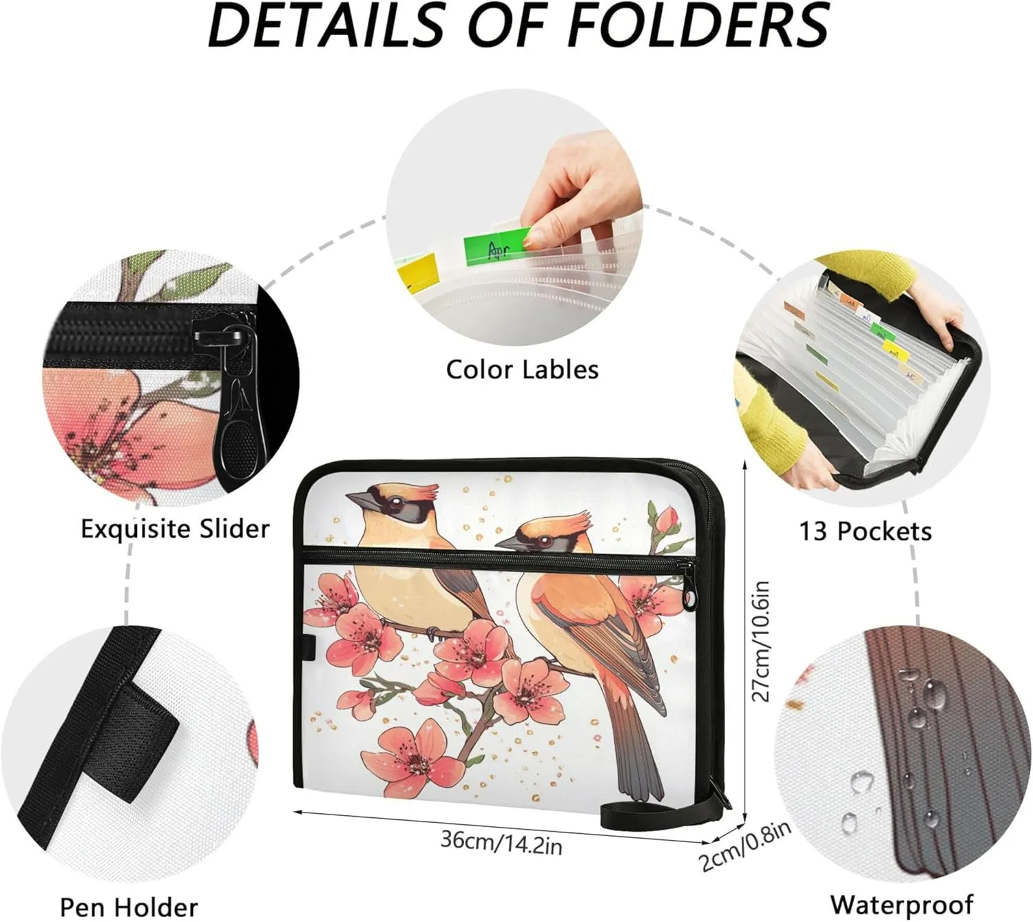 13 Pocket Accordian File Folders with Labels Letter/A4 Size Paper Accordion Document Organizer with Zipper Classroom Home Office Travel Cute Cedar Waxwing Birds White