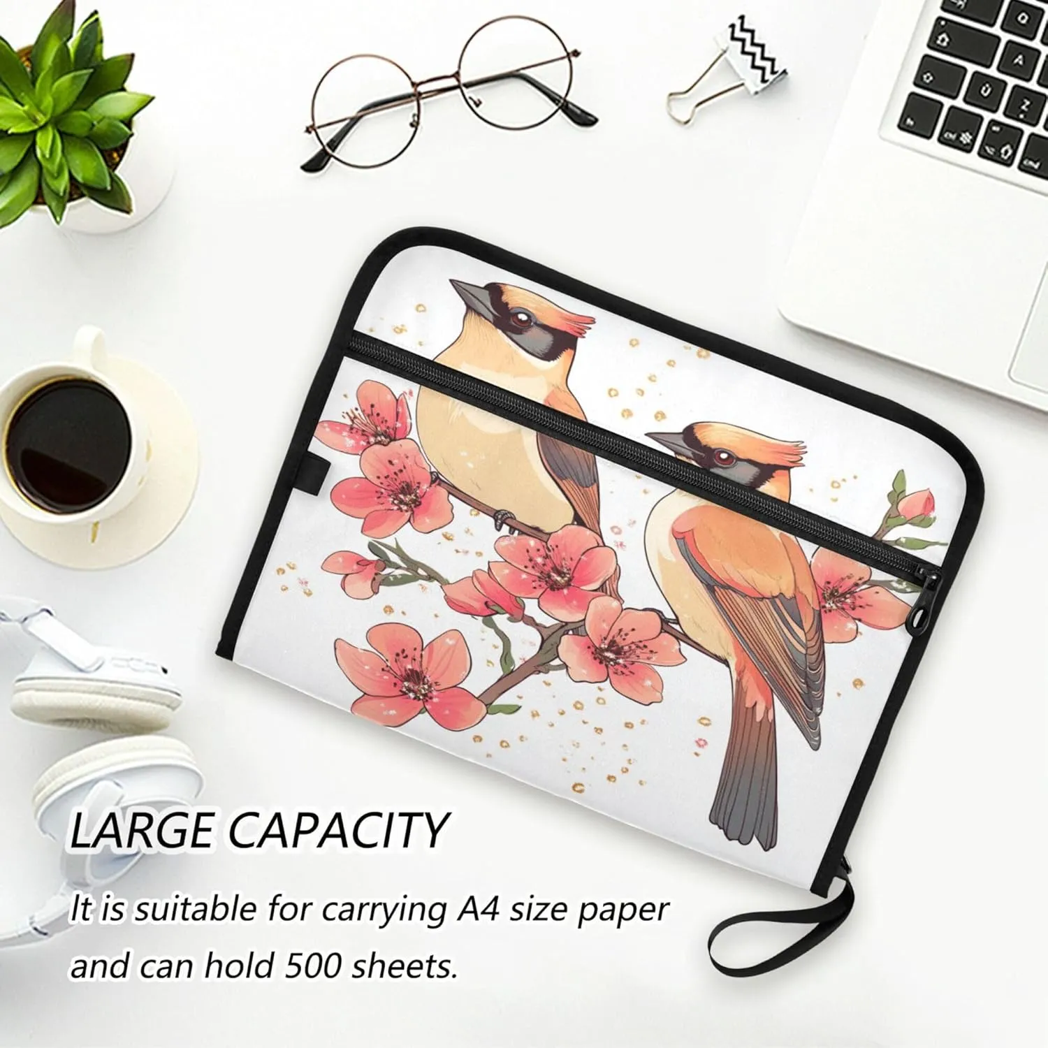 13 Pocket Accordian File Folders with Labels Letter/A4 Size Paper Accordion Document Organizer with Zipper Classroom Home Office Travel Cute Cedar Waxwing Birds White