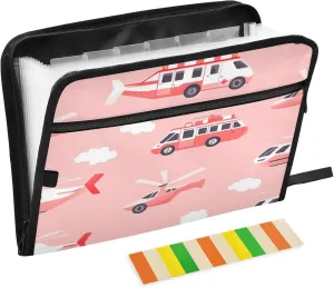 13 Pocket Expanding File Folder Organizer with Labels Letter/A4 Size Paper Accordion Document Organizer with Zipper Office School Ambulance Car and Helicopter Blush
