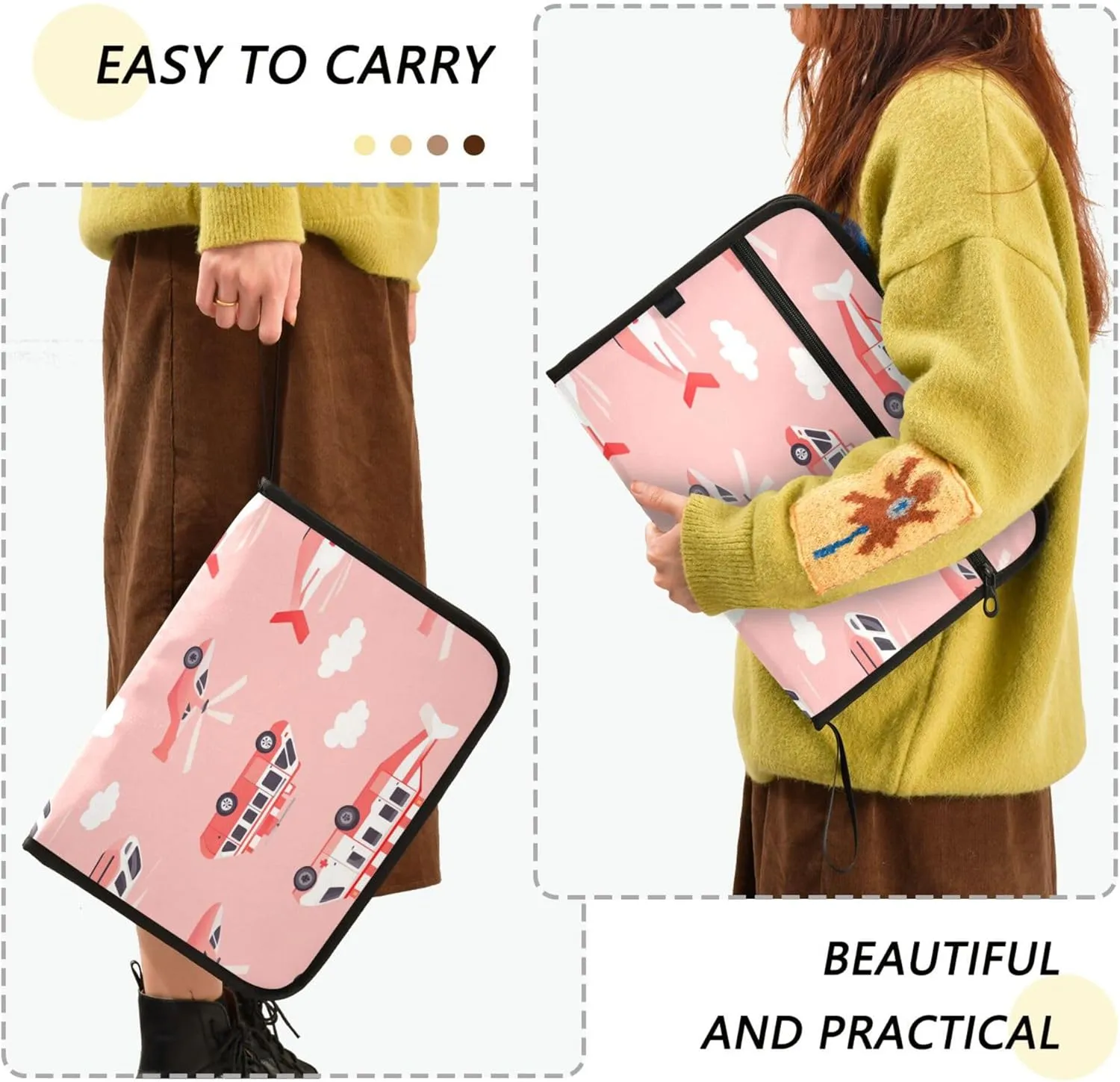 13 Pocket Expanding File Folder Organizer with Labels Letter/A4 Size Paper Accordion Document Organizer with Zipper Office School Ambulance Car and Helicopter Blush