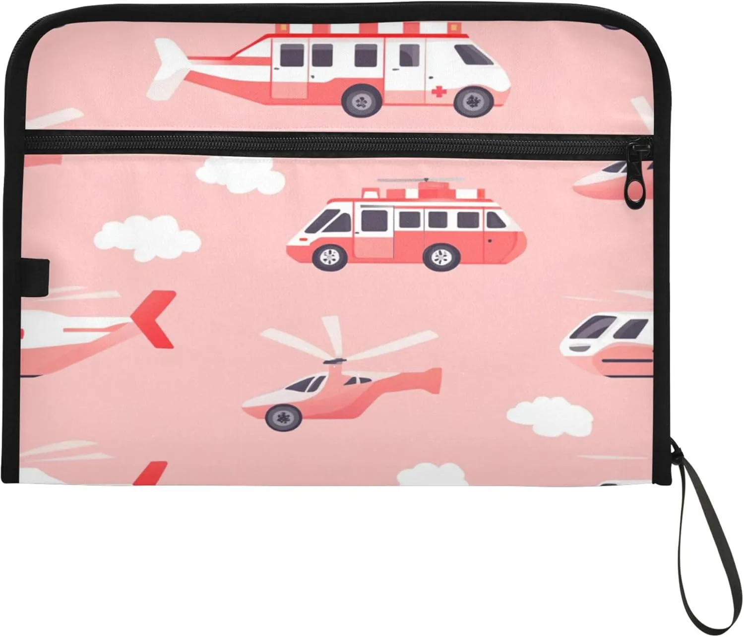 13 Pocket Expanding File Folder Organizer with Labels Letter/A4 Size Paper Accordion Document Organizer with Zipper Office School Ambulance Car and Helicopter Blush