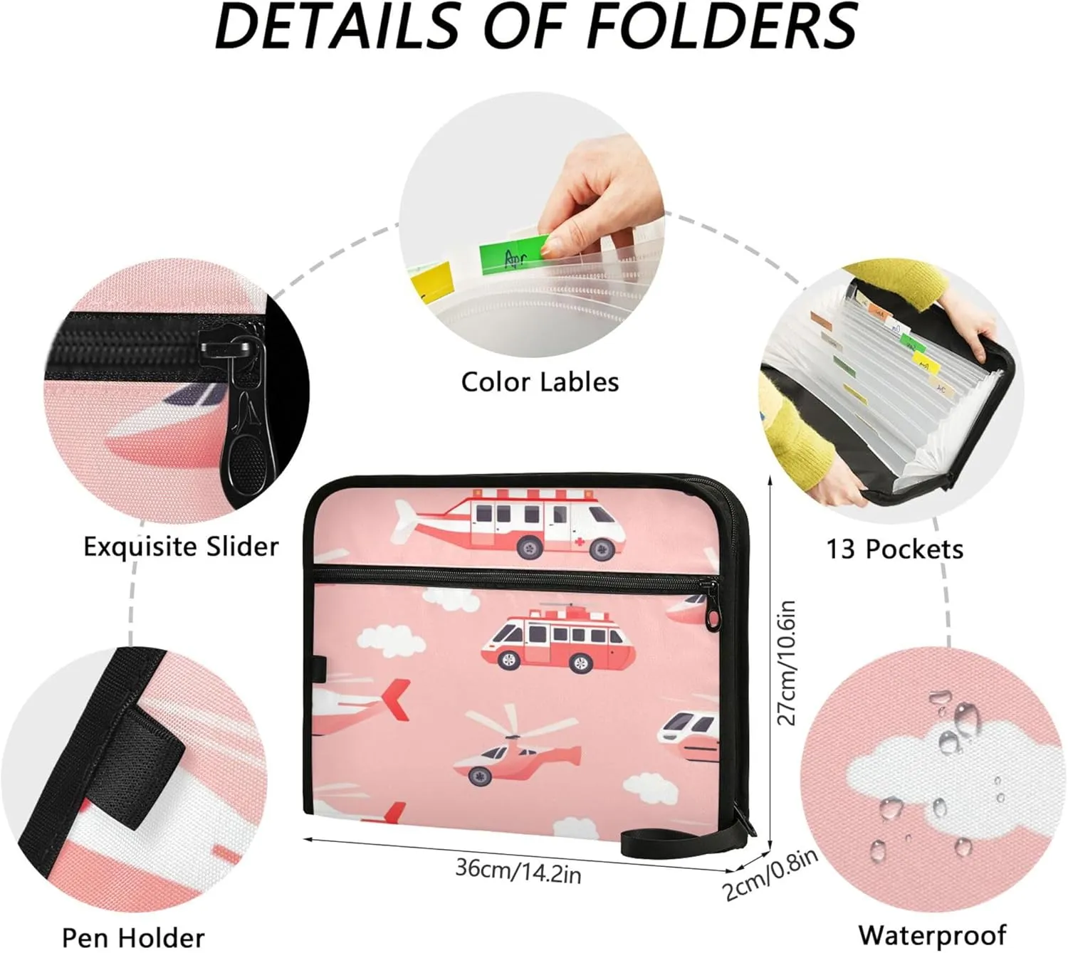 13 Pocket Expanding File Folder Organizer with Labels Letter/A4 Size Paper Accordion Document Organizer with Zipper Office School Ambulance Car and Helicopter Blush