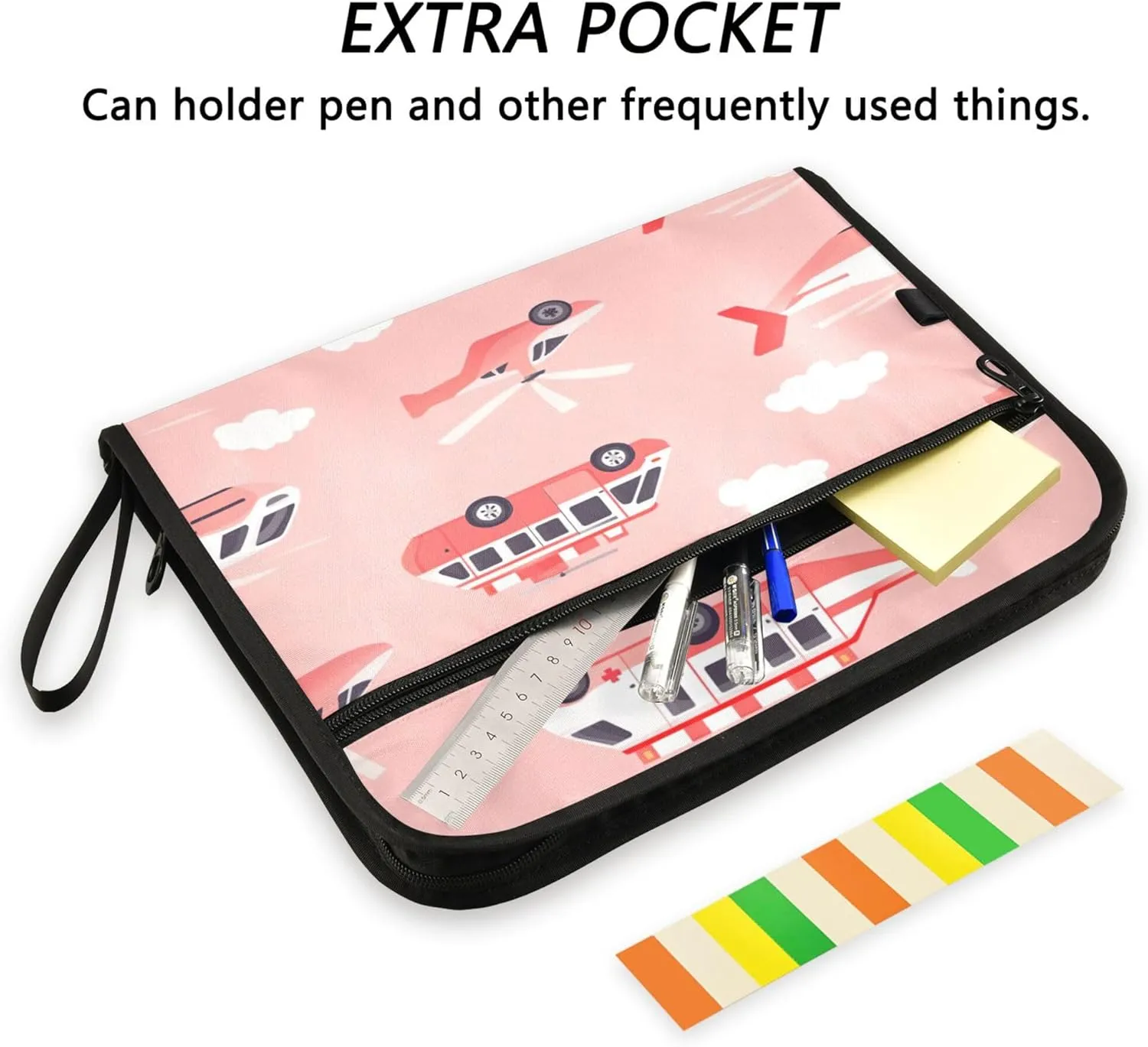 13 Pocket Expanding File Folder Organizer with Labels Letter/A4 Size Paper Accordion Document Organizer with Zipper Office School Ambulance Car and Helicopter Blush