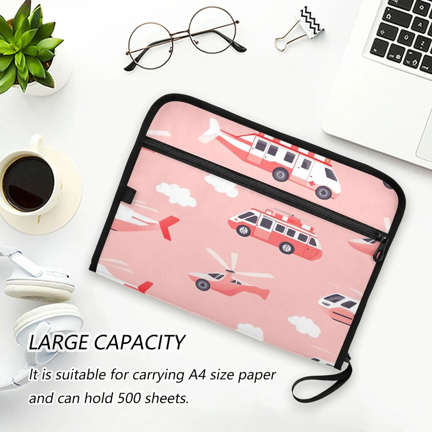 13 Pocket Expanding File Folder Organizer with Labels Letter/A4 Size Paper Accordion Document Organizer with Zipper Office School Ambulance Car and Helicopter Blush