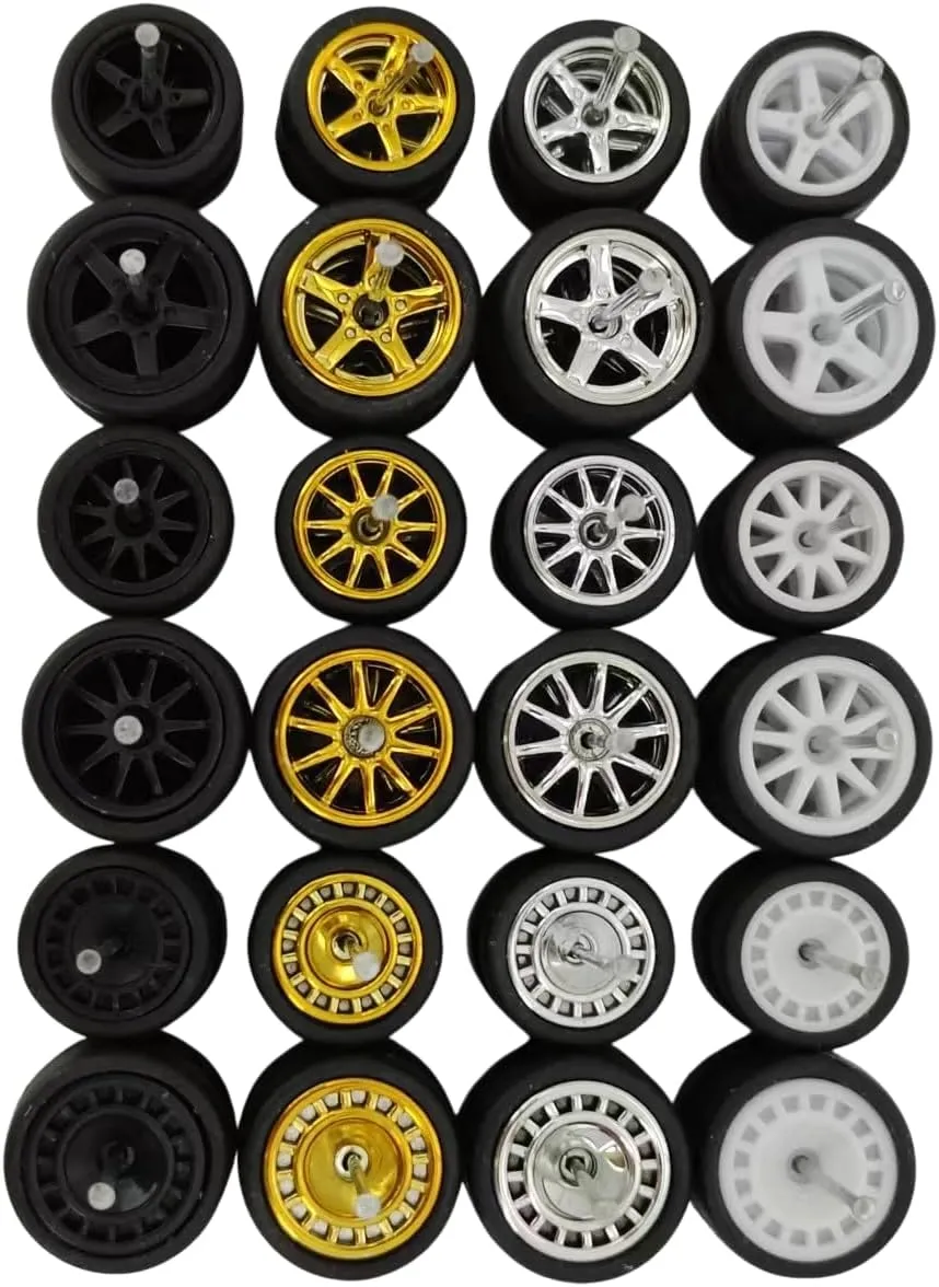 1/64 Scale Progressive Rubber Wheels – Set of 10 Random Designs (10.5mm & 13mm) – Compatible with Hot Wheels, Matchbox & Mini GT