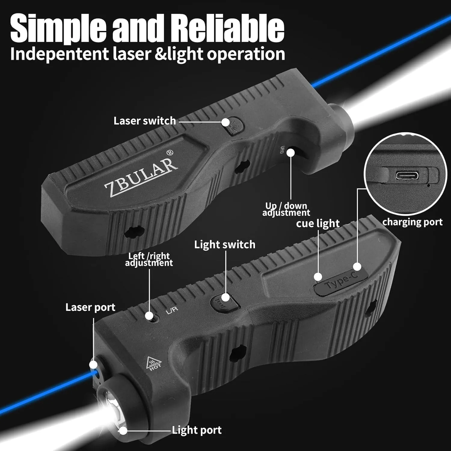 1650 Lumens Strobe Function,Light Laser Combo Compatible with M-Lok Rail Surface, Tactical Flashlight and Blue Laser Sight,High Real Lumen,USB-C Rechargeable IIIA Class Laser Power Output ≤5mW
