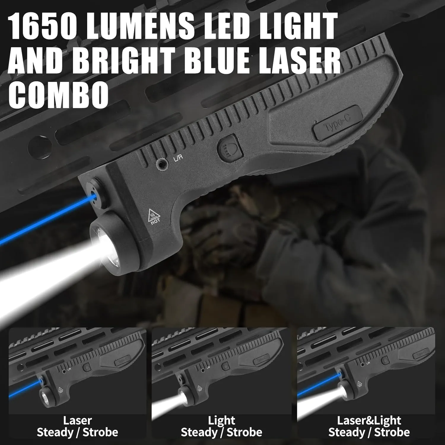 1650 Lumens Strobe Function,Light Laser Combo Compatible with M-Lok Rail Surface, Tactical Flashlight and Blue Laser Sight,High Real Lumen,USB-C Rechargeable IIIA Class Laser Power Output ≤5mW