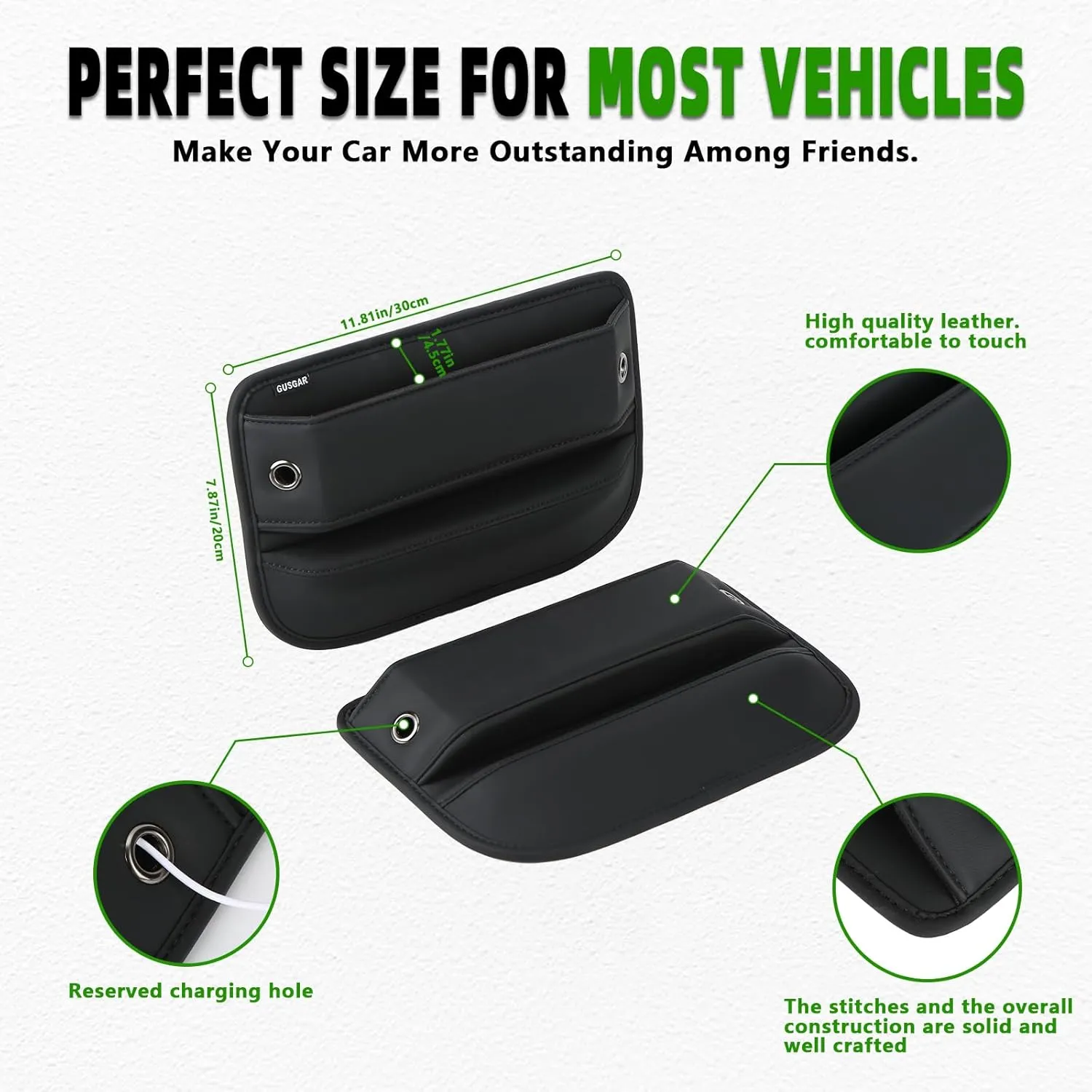 2 Pack Car Seat Gap Filler, Premium Leather Car Seat Gap Filler Organizer, Multifunctional Car Front Seat Adjustable Storage Box, for Phones, Glasses, Keys, Cards