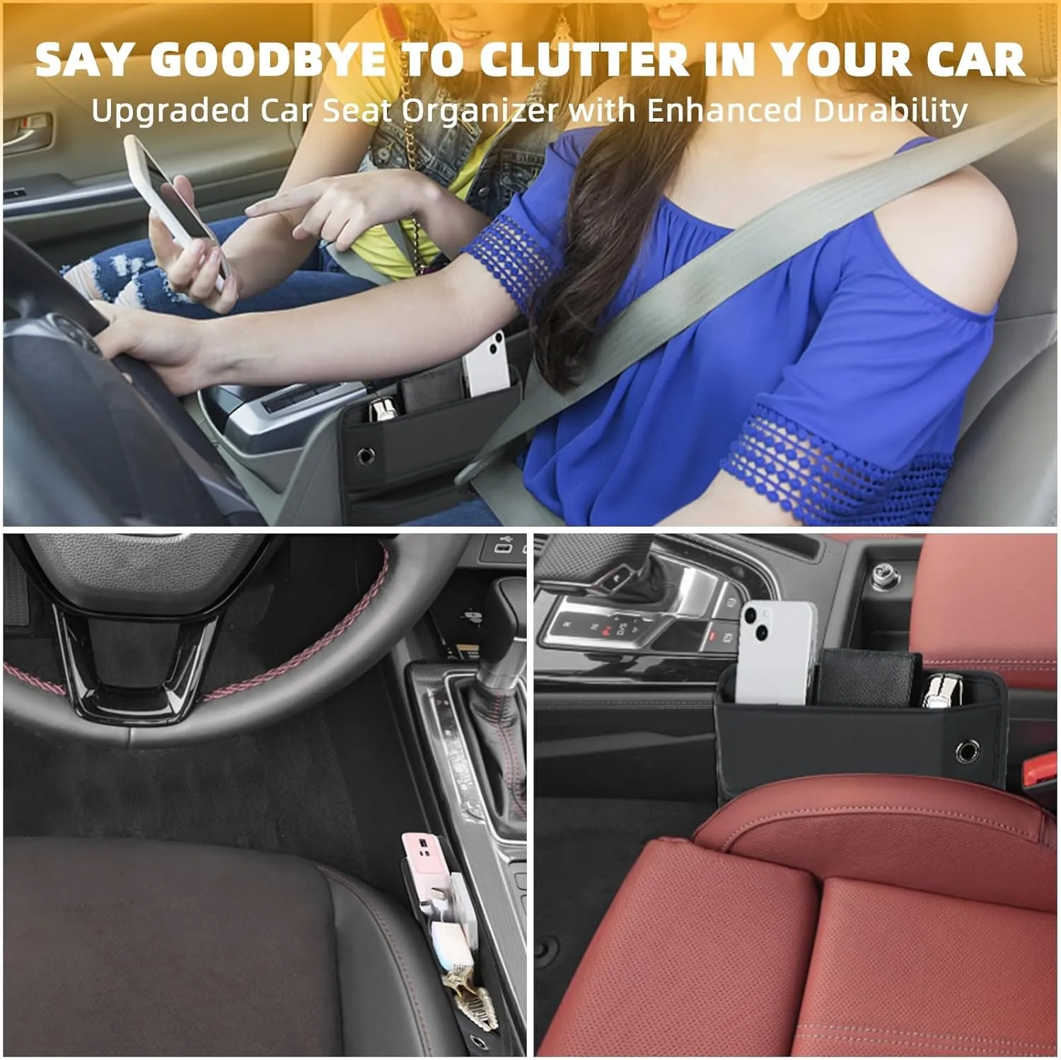 2 Pack Car Seat Gap Filler, Premium Leather Car Seat Gap Filler Organizer, Multifunctional Car Front Seat Adjustable Storage Box, for Phones, Glasses, Keys, Cards