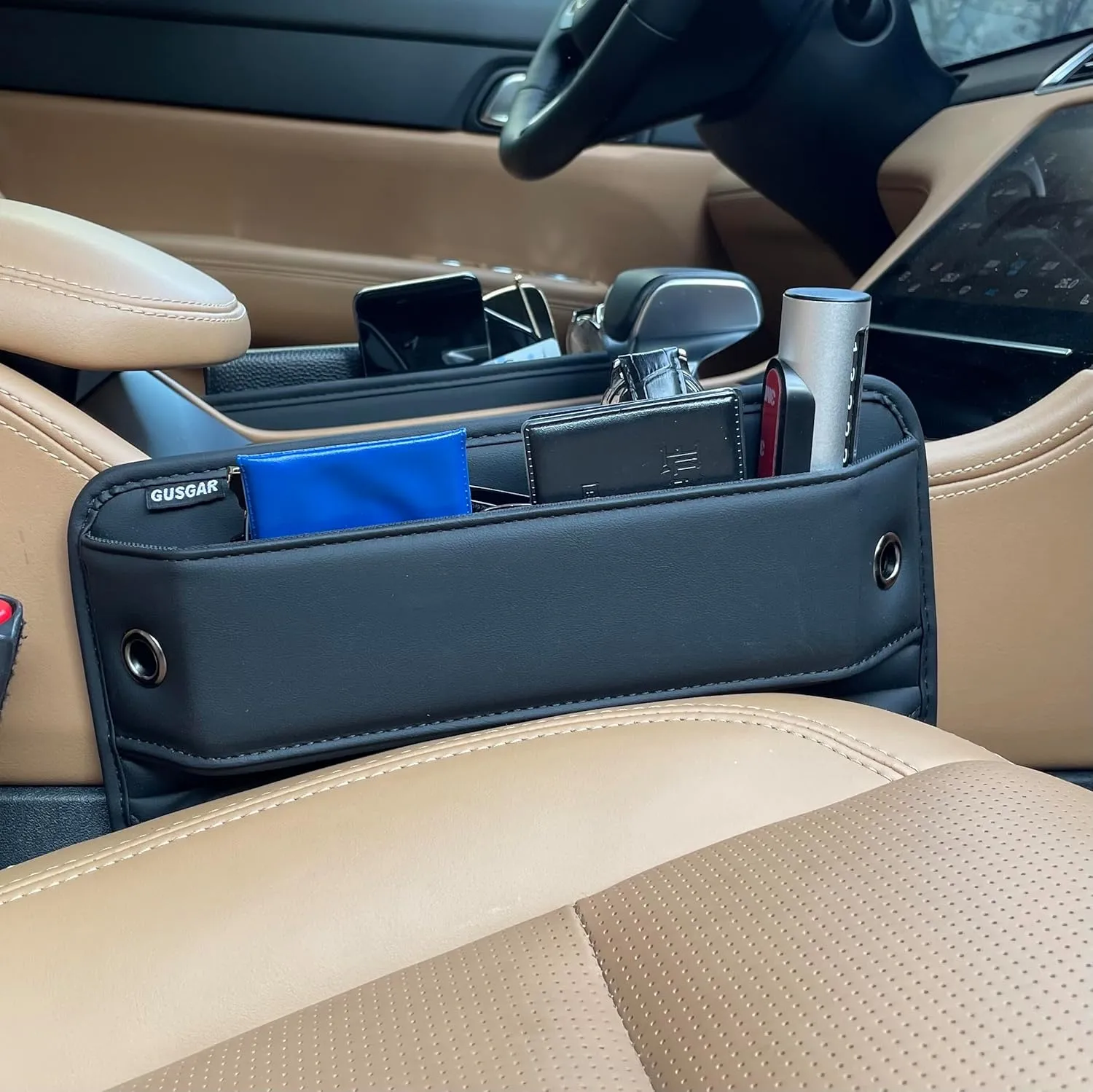 2 Pack Car Seat Gap Filler, Premium Leather Car Seat Gap Filler Organizer, Multifunctional Car Front Seat Adjustable Storage Box, for Phones, Glasses, Keys, Cards