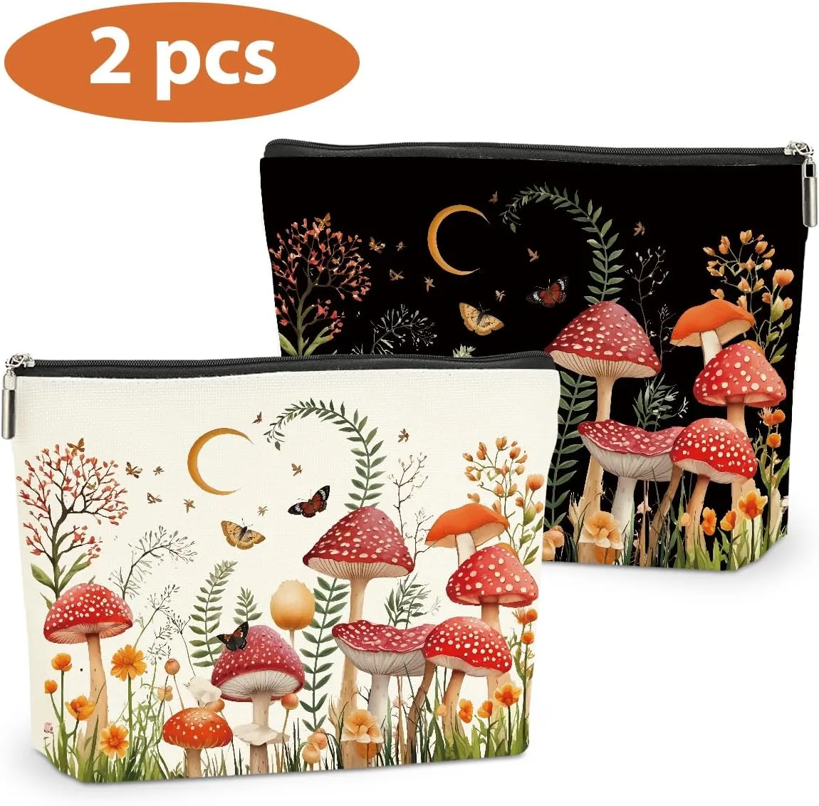 2 PCs Floral Mushroom Makeup Bag Mushroom Gifts Cosmetic Bag, Mushroom Stuff mushroom bag, Mushroom Gift for Women Girls Friends Coworkers Christmas birthday Gifts Botanical Zipper Pouch