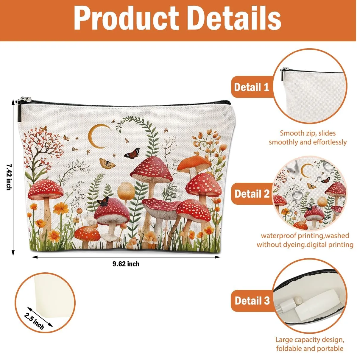 2 PCs Floral Mushroom Makeup Bag Mushroom Gifts Cosmetic Bag, Mushroom Stuff mushroom bag, Mushroom Gift for Women Girls Friends Coworkers Christmas birthday Gifts Botanical Zipper Pouch