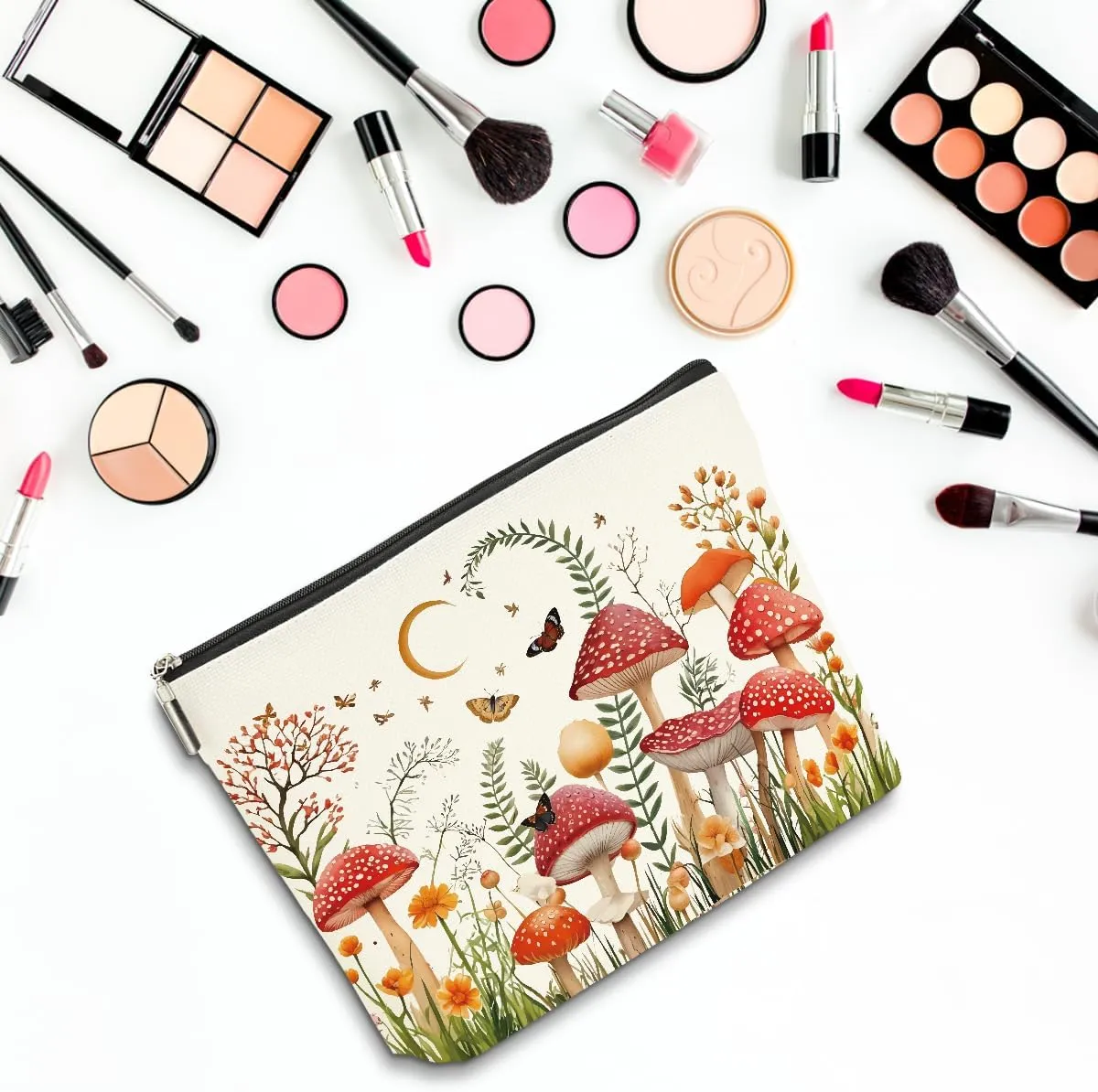2 PCs Floral Mushroom Makeup Bag Mushroom Gifts Cosmetic Bag, Mushroom Stuff mushroom bag, Mushroom Gift for Women Girls Friends Coworkers Christmas birthday Gifts Botanical Zipper Pouch