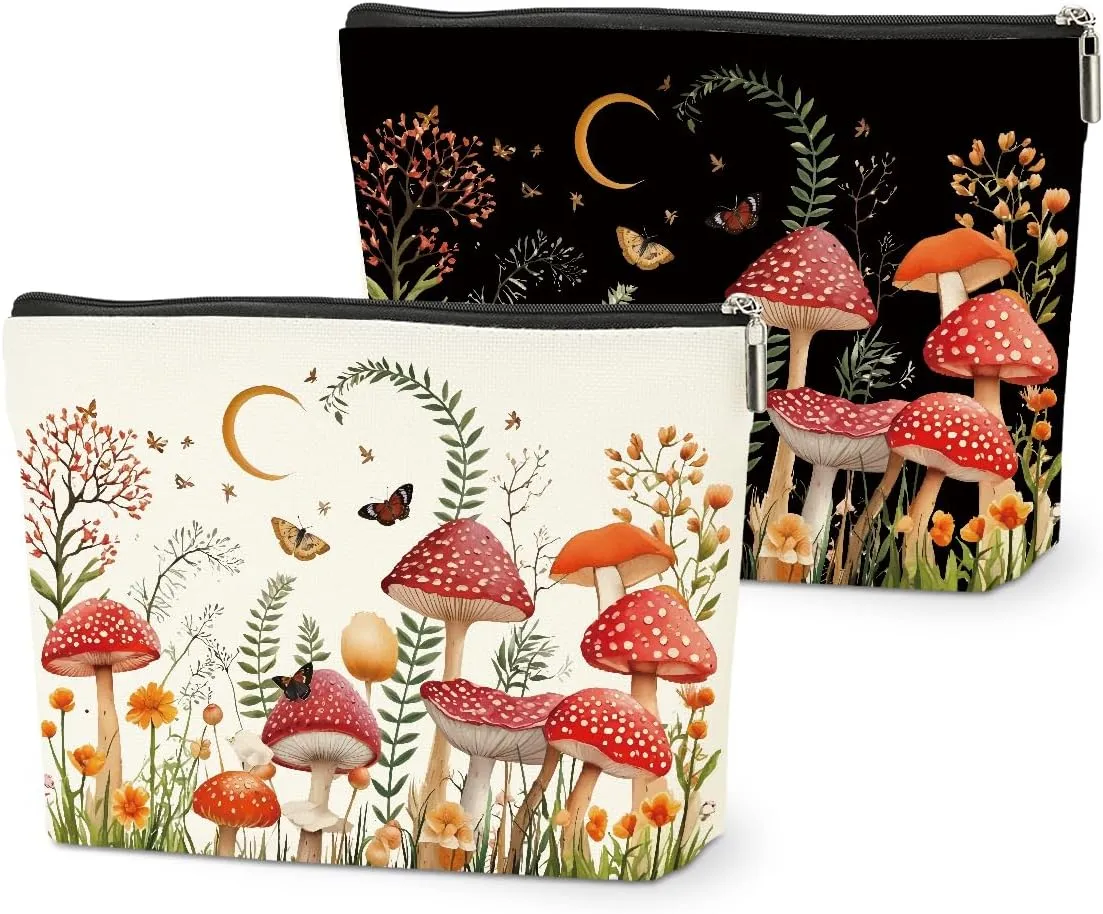 2 PCs Floral Mushroom Makeup Bag Mushroom Gifts Cosmetic Bag, Mushroom Stuff mushroom bag, Mushroom Gift for Women Girls Friends Coworkers Christmas birthday Gifts Botanical Zipper Pouch