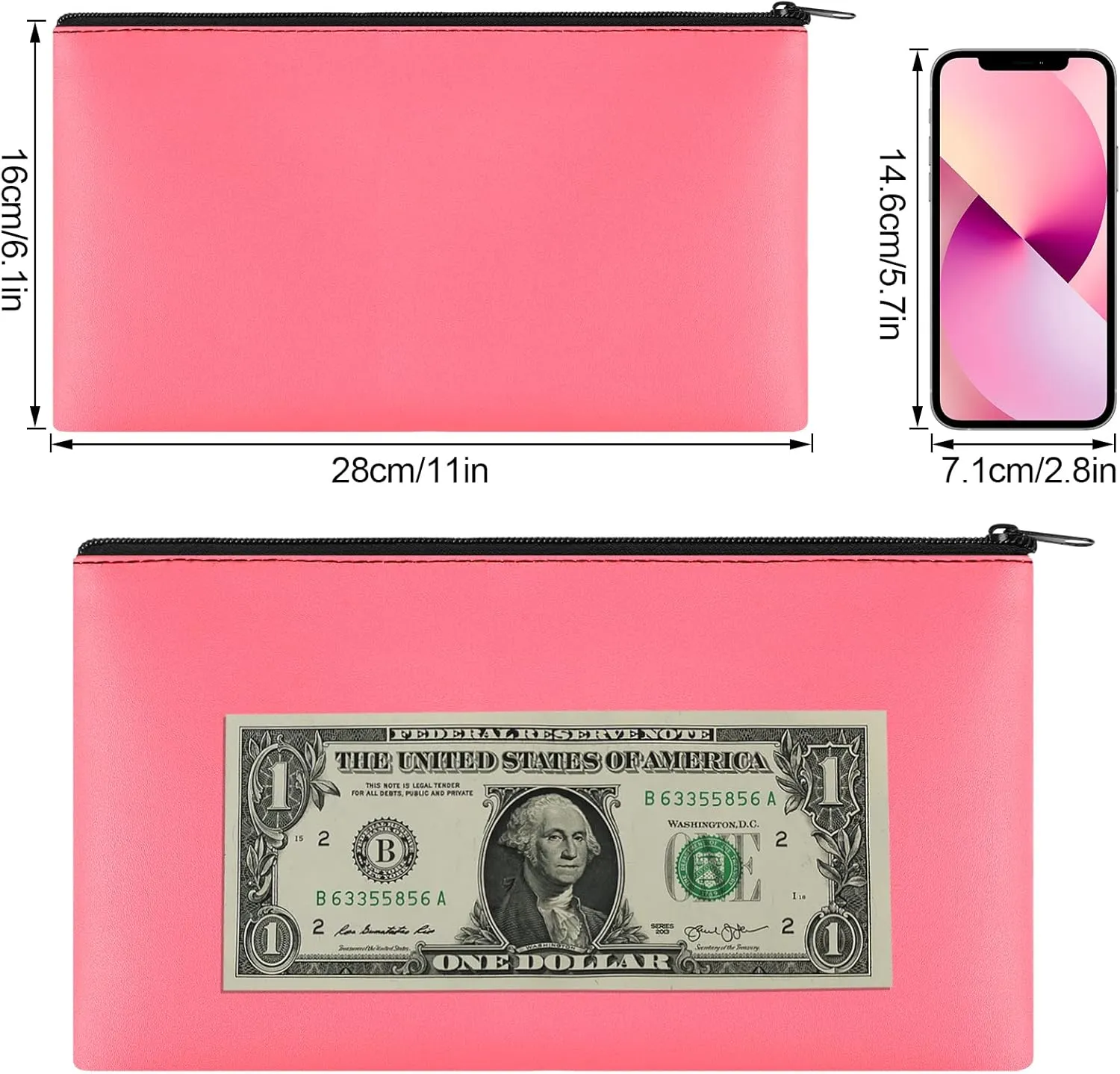 2 Pieces Money Bags with Zipper, 11x6.1 inch Money Pouch, Bank Bag, Cash Bag, Check Wallet, Cosmetics(peach)