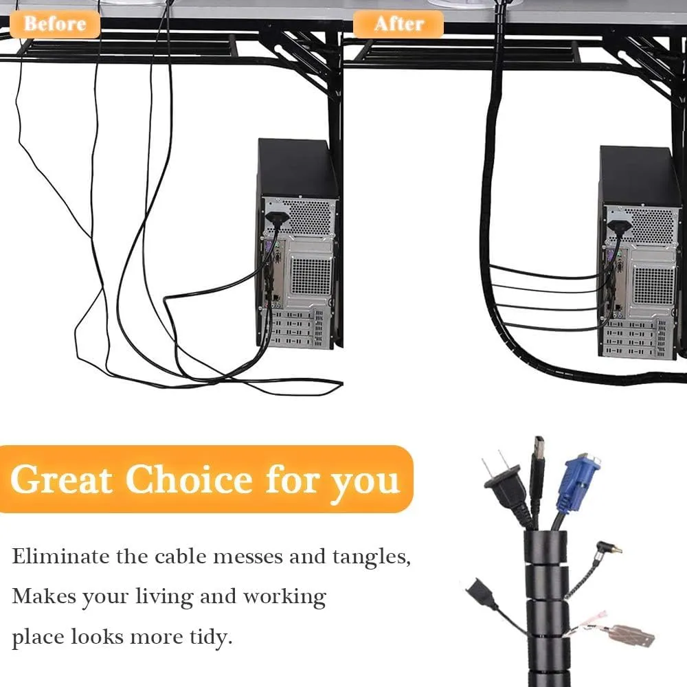 20FT Spiral Winding Cable Management Pipe Wire Wrap Line Coiled Tube, 1.1" Diameter Flexible Cord Covered Protective Bundler Sleeve Hose for Office, Computer, TV, Cinema & Car (Black)