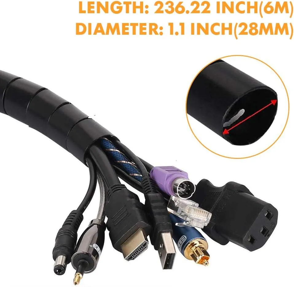 20FT Spiral Winding Cable Management Pipe Wire Wrap Line Coiled Tube, 1.1" Diameter Flexible Cord Covered Protective Bundler Sleeve Hose for Office, Computer, TV, Cinema & Car (Black)