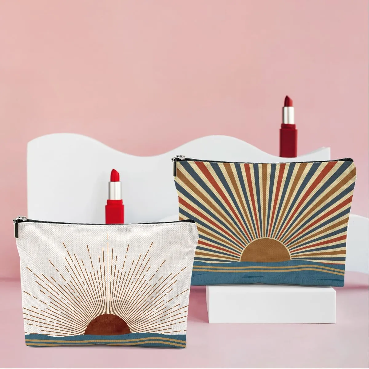 2PCS Boho Sun Sunburst Sunrise Sunset Ocean Landscape Makeup Bag, Red and Yellow Sunlight Rays Nature Best Gifts for Girls Women Sister Travel Cosmetic Bag