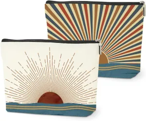2PCS Boho Sun Sunburst Sunrise Sunset Ocean Landscape Makeup Bag, Red and Yellow Sunlight Rays Nature Best Gifts for Girls Women Sister Travel Cosmetic Bag