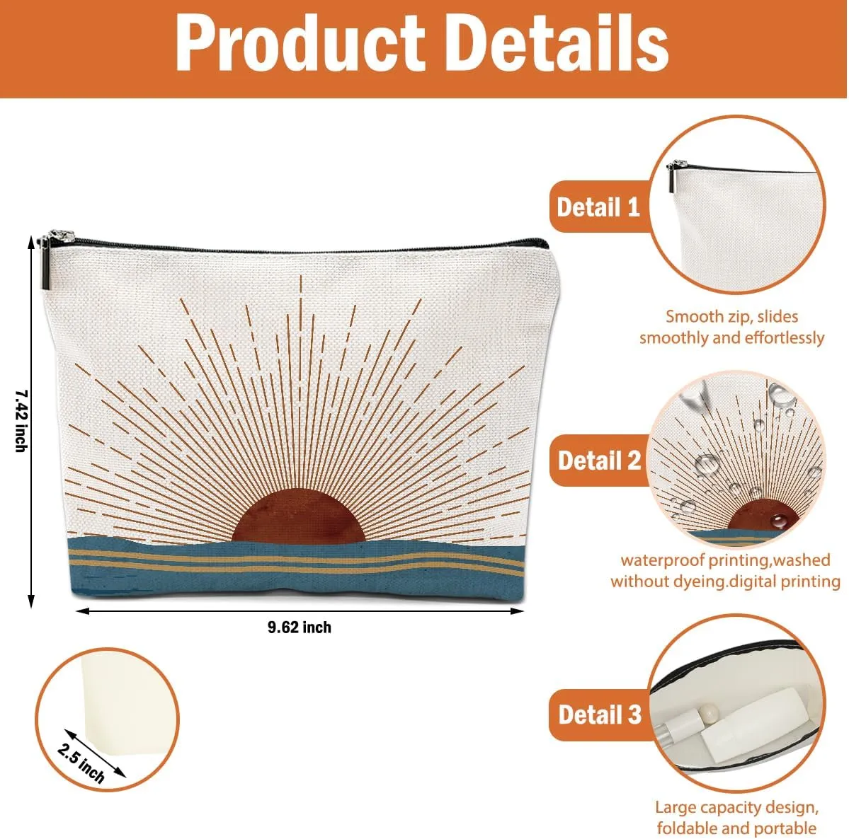 2PCS Boho Sun Sunburst Sunrise Sunset Ocean Landscape Makeup Bag, Red and Yellow Sunlight Rays Nature Best Gifts for Girls Women Sister Travel Cosmetic Bag