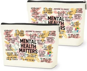 2PCS Mental Health Gifts Makeup Bag, Positive Affirmations Mental Health Awareness Inspirational Gifts for Women Friend Coworker Birthday Friendship Mothers Day Travel Toiletry Cosmetic Bag