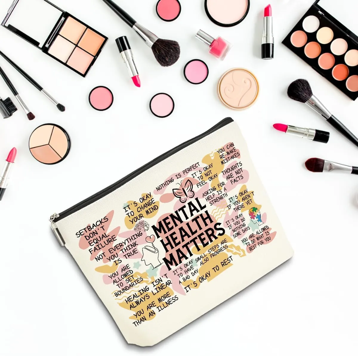 2PCS Mental Health Gifts Makeup Bag, Positive Affirmations Mental Health Awareness Inspirational Gifts for Women Friend Coworker Birthday Friendship Mothers Day Travel Toiletry Cosmetic Bag