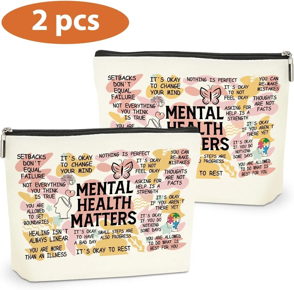 2PCS Mental Health Gifts Makeup Bag, Positive Affirmations Mental Health Awareness Inspirational Gifts for Women Friend Coworker Birthday Friendship Mothers Day Travel Toiletry Cosmetic Bag