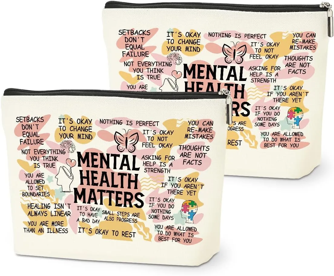 2PCS Mental Health Gifts Makeup Bag, Positive Affirmations Mental Health Awareness Inspirational Gifts for Women Friend Coworker Birthday Friendship Mothers Day Travel Toiletry Cosmetic Bag