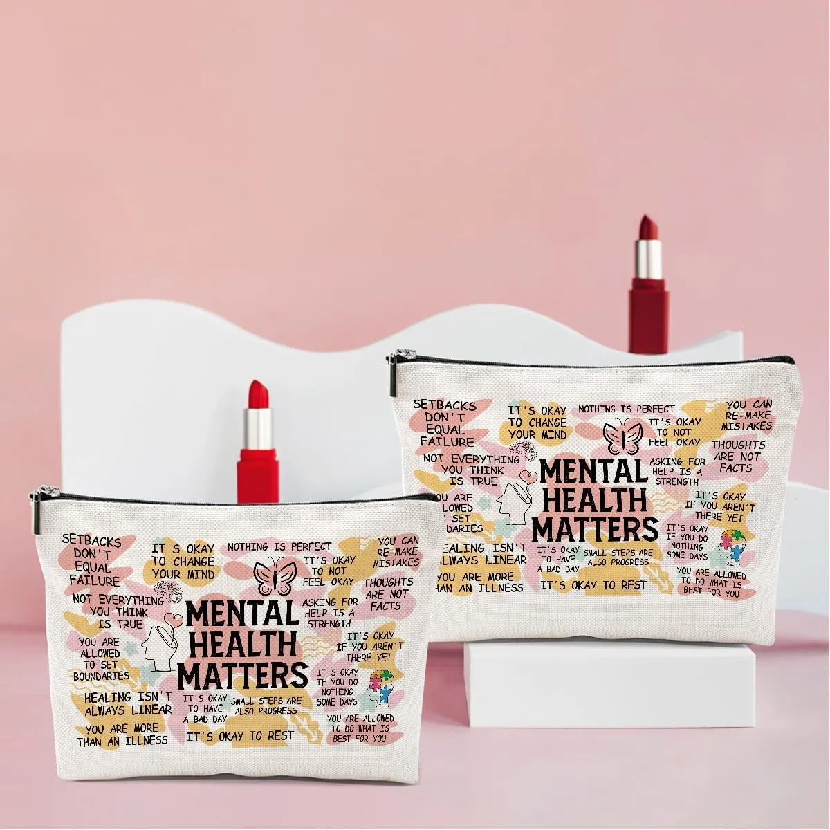 2PCS Mental Health Gifts Makeup Bag, Positive Affirmations Mental Health Awareness Inspirational Gifts for Women Friend Coworker Birthday Friendship Mothers Day Travel Toiletry Cosmetic Bag