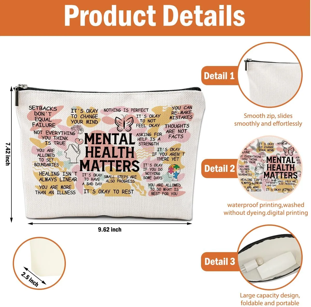 2PCS Mental Health Gifts Makeup Bag, Positive Affirmations Mental Health Awareness Inspirational Gifts for Women Friend Coworker Birthday Friendship Mothers Day Travel Toiletry Cosmetic Bag