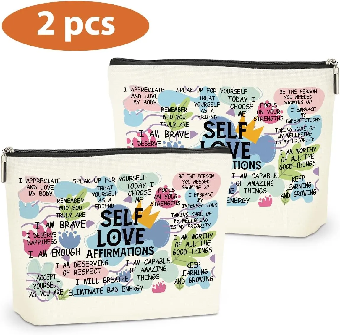 2PCS Positive Affirmations Makeup Bag Self Love Gifts Mental Health Inspirational Gifts for Women Girl Sister the Counselor Coworker Birthday Friendship Graduation Travel Toiletry Cosmetic Bag