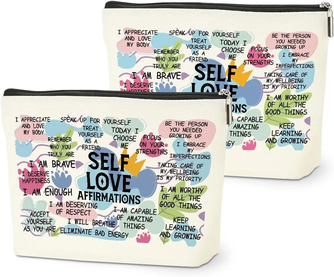 2PCS Positive Affirmations Makeup Bag Self Love Gifts Mental Health Inspirational Gifts for Women Girl Sister the Counselor Coworker Birthday Friendship Graduation Travel Toiletry Cosmetic Bag