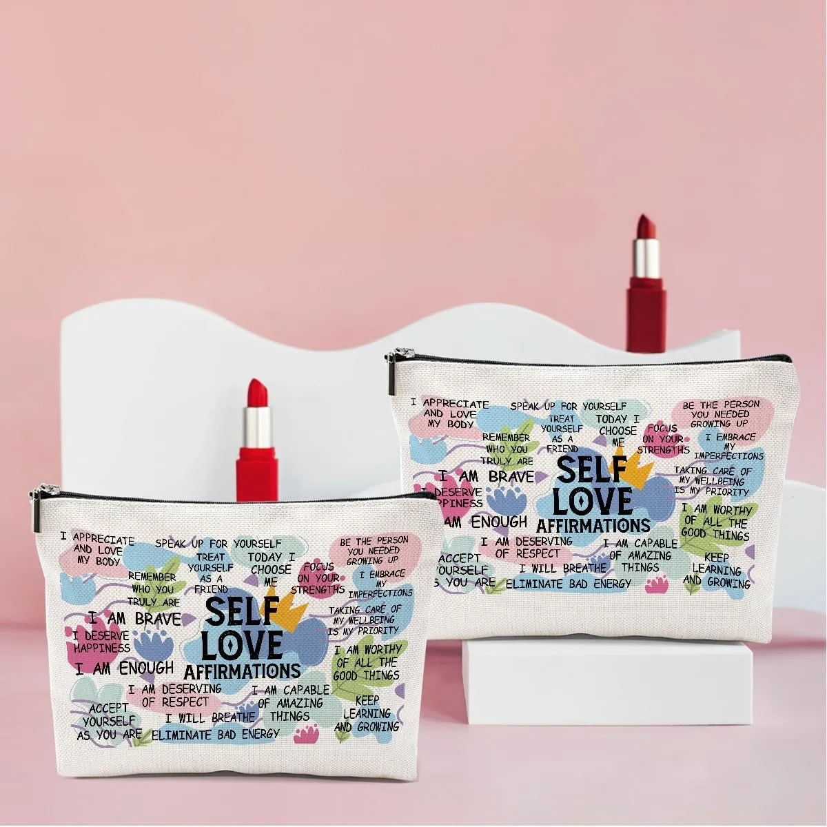 2PCS Positive Affirmations Makeup Bag Self Love Gifts Mental Health Inspirational Gifts for Women Girl Sister the Counselor Coworker Birthday Friendship Graduation Travel Toiletry Cosmetic Bag