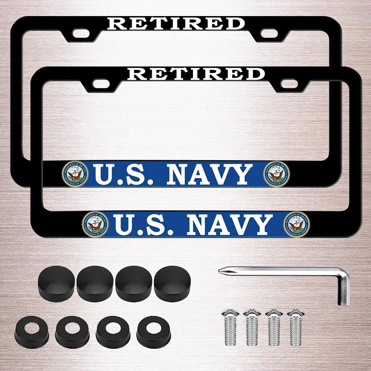 2Pcs Retired License Plate Frames for U.S. Navy,2 Holes Matte Aluminum Black Veteran Car Licenses Plate Covers Holders for USN with Screw Caps