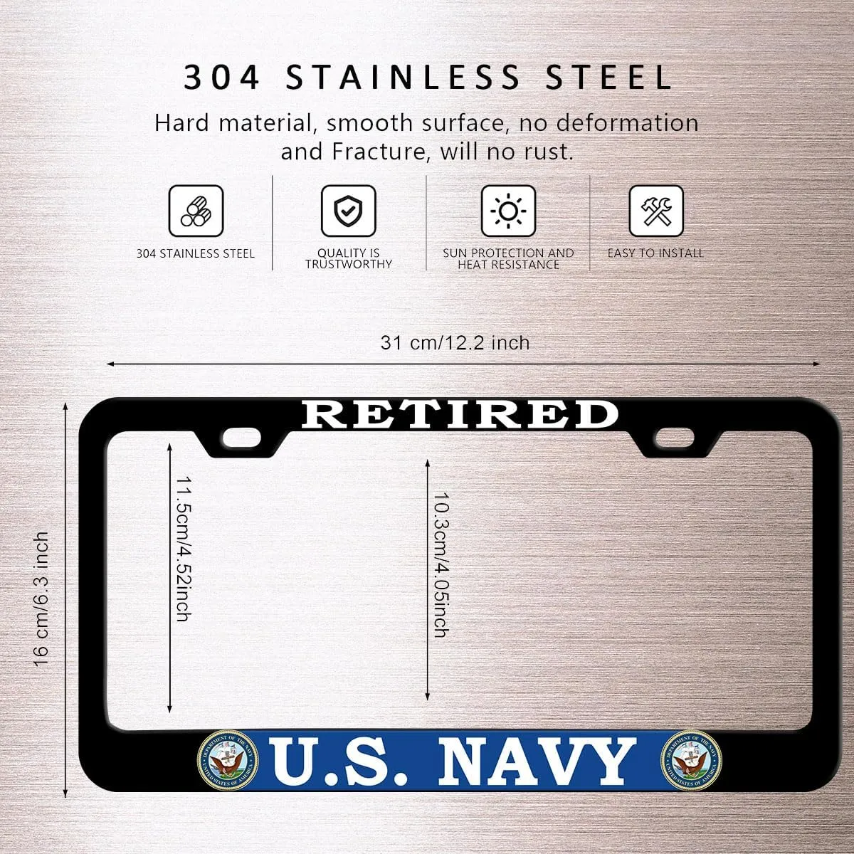 2Pcs Retired License Plate Frames for U.S. Navy,2 Holes Matte Aluminum Black Veteran Car Licenses Plate Covers Holders for USN with Screw Caps