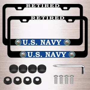 2Pcs Retired License Plate Frames for U.S. Navy,2 Holes Matte Aluminum Black Veteran Car Licenses Plate Covers Holders for USN with Screw Caps