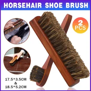 2X Horsehair Shoe Brush Wood Handle Leather Boots Daubers Applicators Cleaning