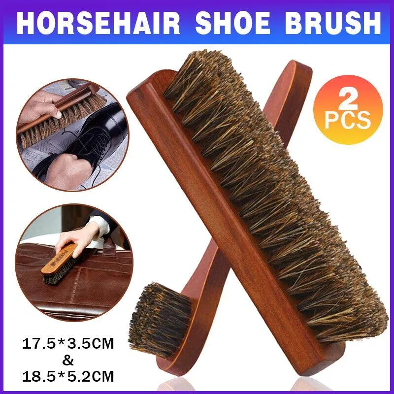2X Horsehair Shoe Brush Wood Handle Leather Boots Daubers Applicators Cleaning