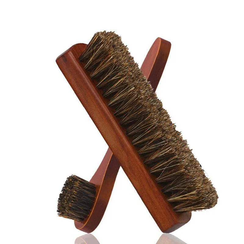 2X Horsehair Shoe Brush Wood Handle Leather Boots Daubers Applicators Cleaning